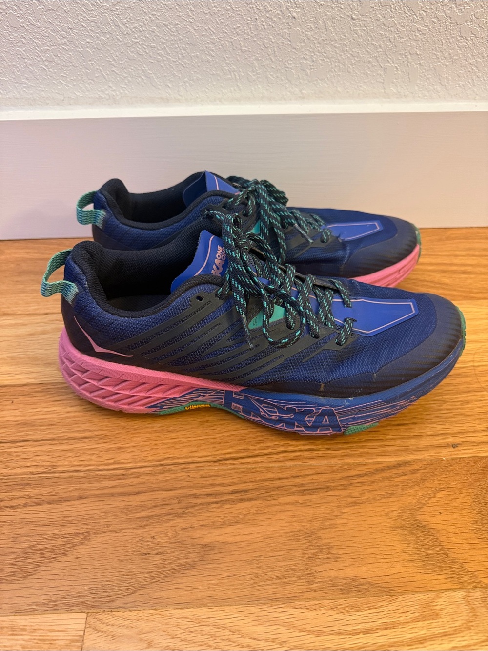Hoka Navy Blue Pink Athletic Running Shoes with Teal Laces